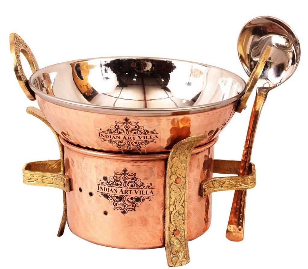 Copper Sigri Angeethi with Brass Stand 1 Steel Copper Kadai Wok Bowl | 500 ML | & 1 Spoon