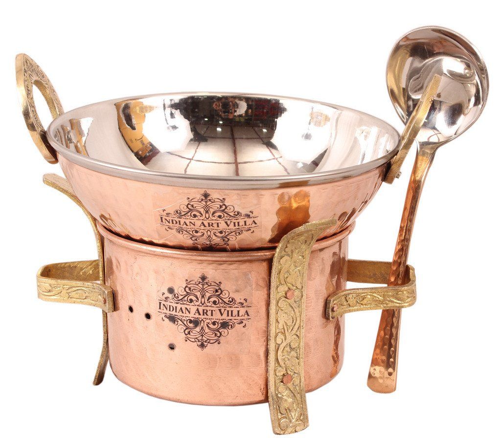 Copper Sigri Angeethi with Brass Stand & 1 Steel Copper Kadai Wok Bowl | 700 ML | with 1 Serving Spoon