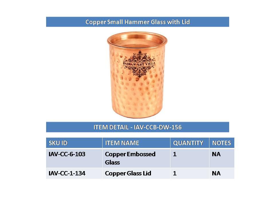 Copper Small Hammered Glass Tumbler Cup with Lid | 250 ML Copper Ware Drink Ware Combo Indian Art Villa