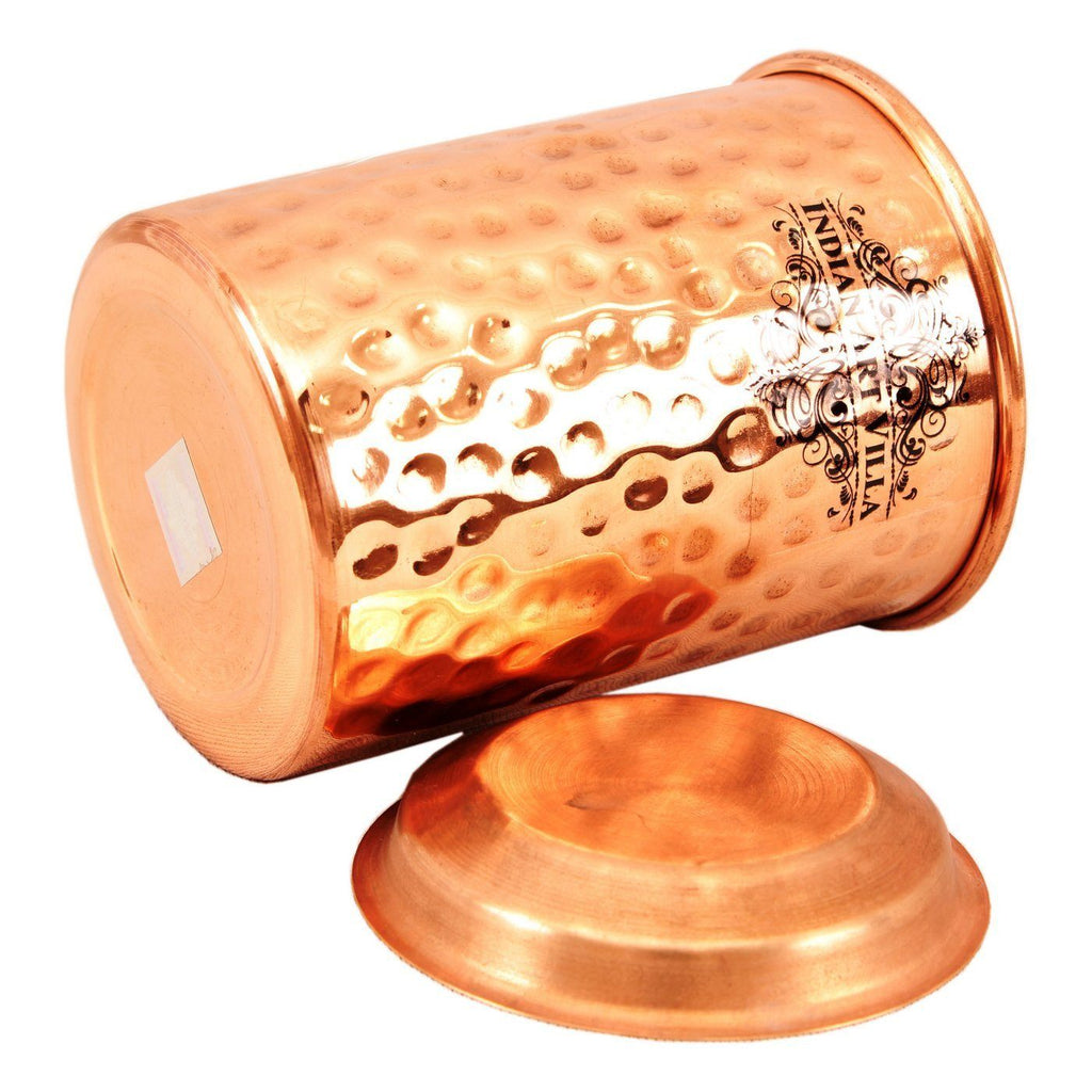 Copper Small Hammered Glass Tumbler Cup with Lid | 250 ML Copper Ware Drink Ware Combo Indian Art Villa