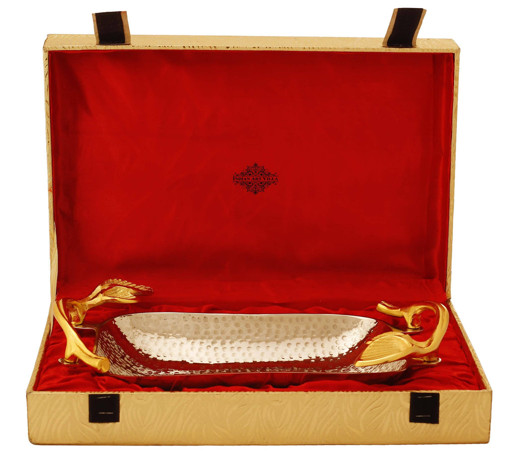 Designer Silver Plated Tray With Gold Leaf Design Handle