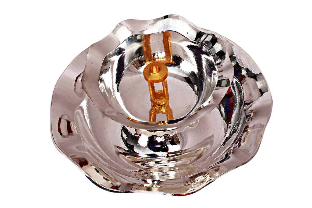 Glossy Silver Plated Diya Deepak, Arti Poojan Temple Aarti Lamp IAV-SP-3-162- 