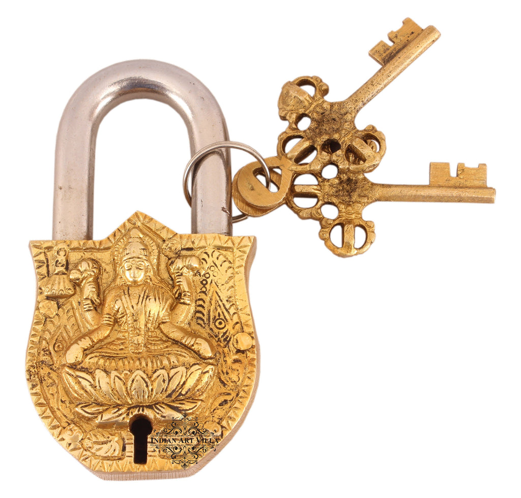 Handmade Old Vintage Style Antique Godess Laxmi Ji Design Brass Security Lock with 2 Keys
