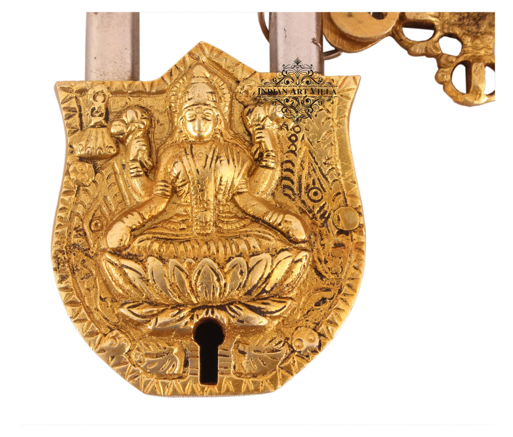 Handmade Old Vintage Style Antique Godess Laxmi Ji Design Brass Security Lock with 2 Keys Designer Locks CC-1