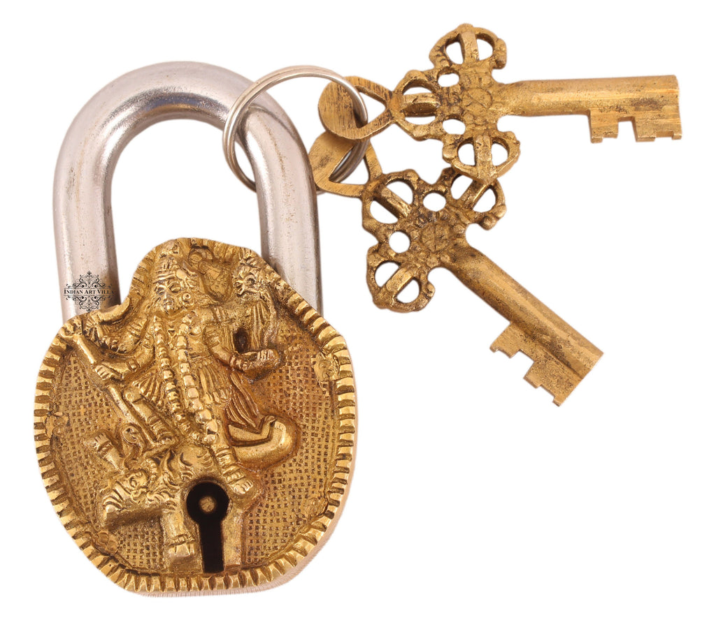 Handmade Old Vintage Style Antique Kaali Mata Design Brass Security Lock with 2 Keys
