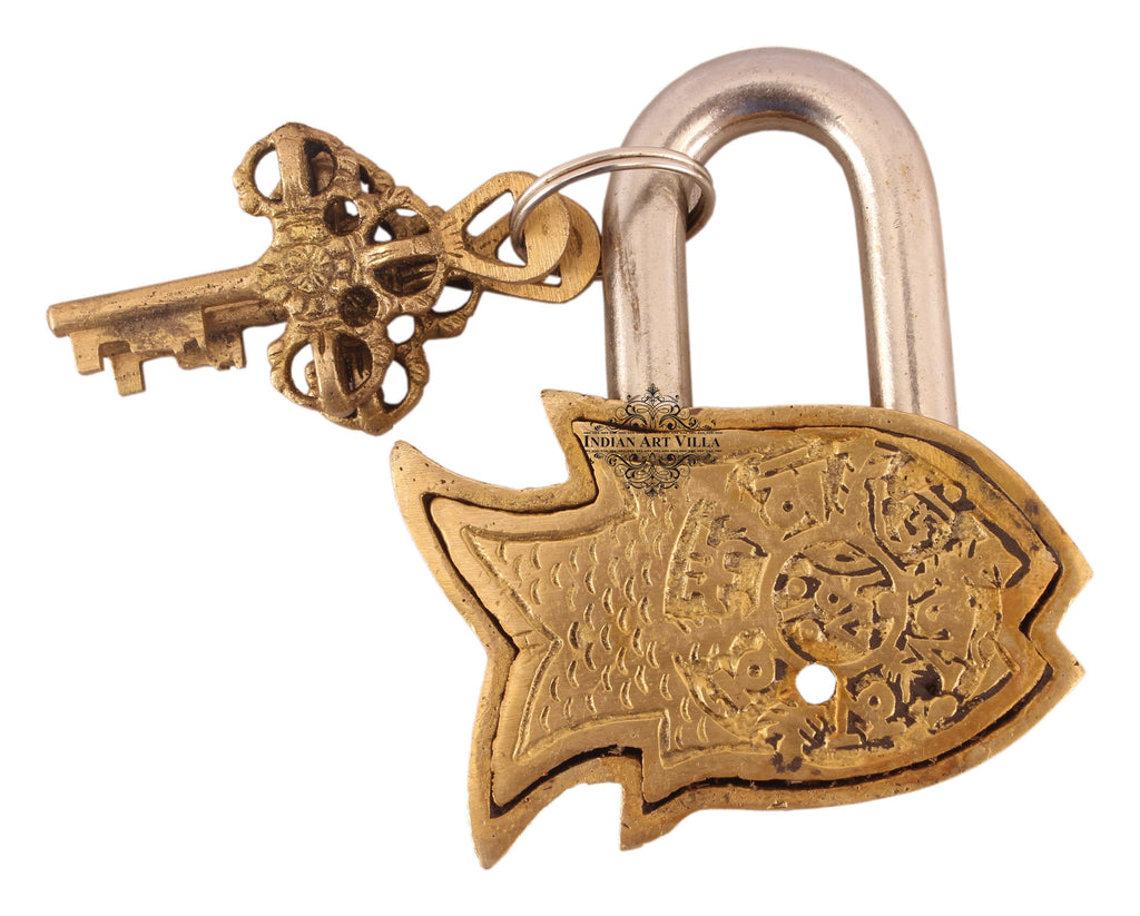 Handmade Old Vintage Style Antique Small Fish Shape Brass Security Lock with 2 Keys Designer Locks CC-1