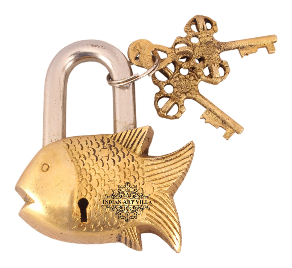 Handmade Old Vintage Style Antique Small Fish Shape Brass Security Lock with 2 Keys