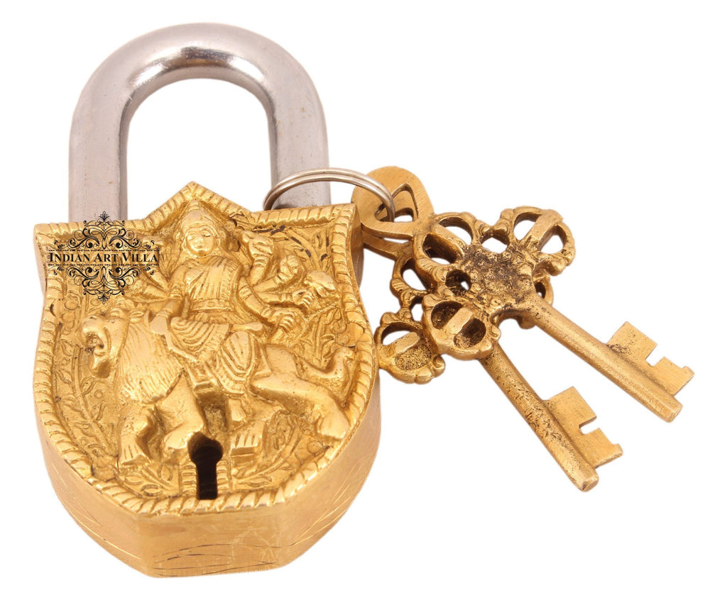 IndianArtVilla Handmade Vintage Style Maa Durga Brass Lock Designer Locks Indian Art Villa