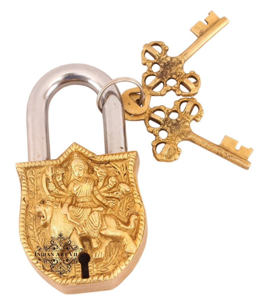 IndianArtVilla Handmade Vintage Style Maa Durga Brass Lock Designer Locks Indian Art Villa