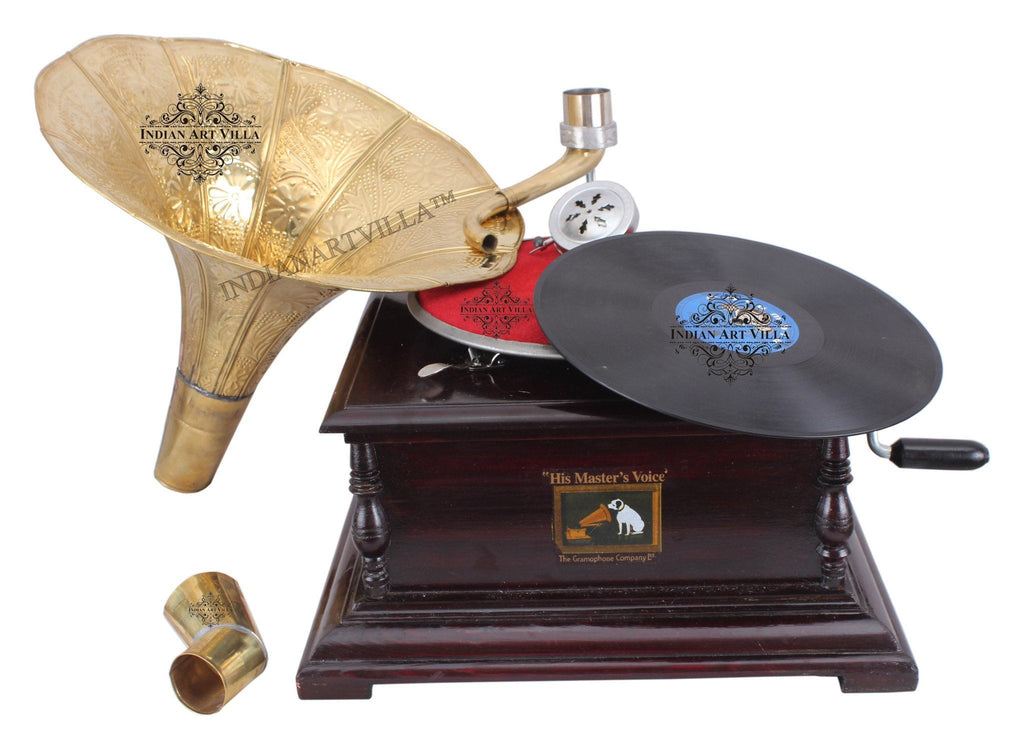 IndianArtVilla Wooden Base Gramophone with Designer Brass Horn Home Accent Indian Art Villa
