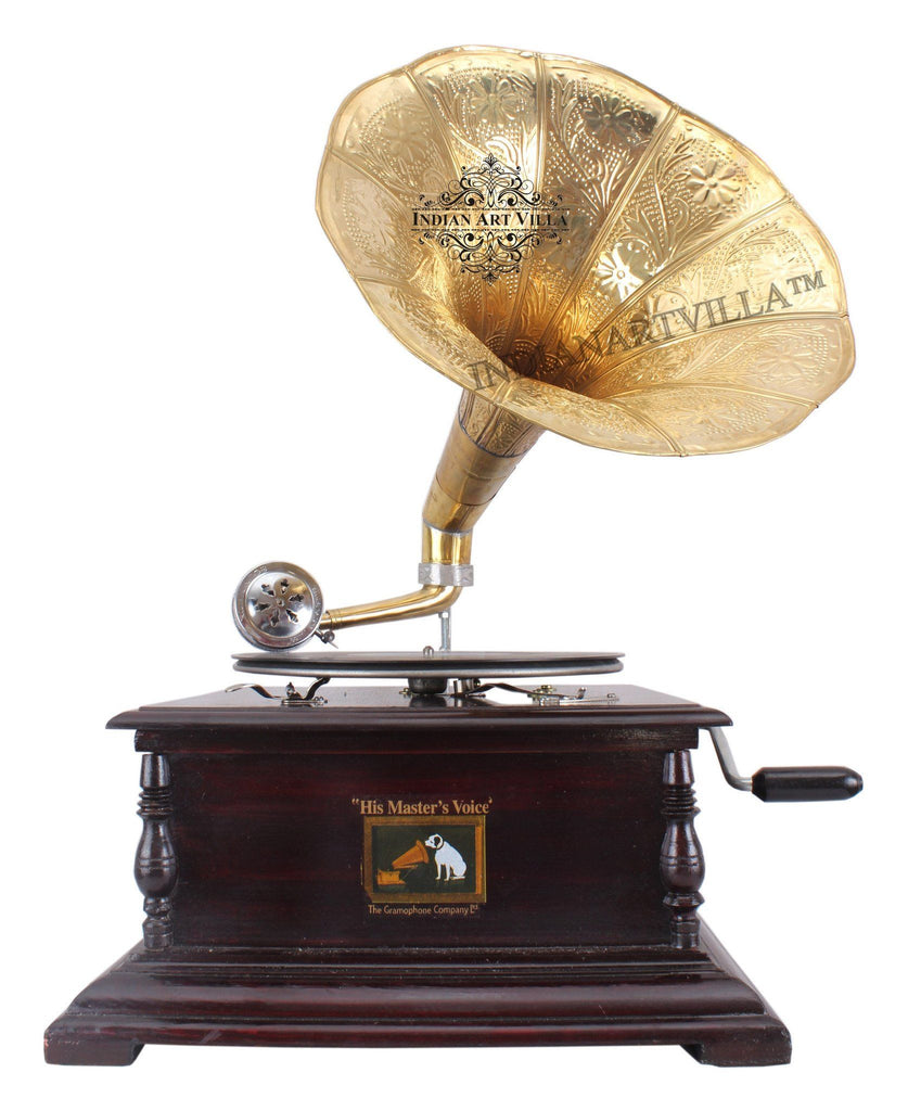 IndianArtVilla Wooden Base Gramophone with Designer Brass Horn
