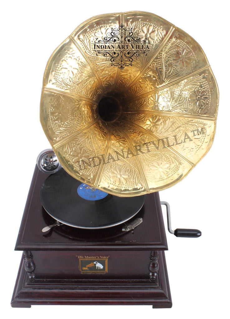 IndianArtVilla Wooden Base Gramophone with Designer Brass Horn Home Accent Indian Art Villa