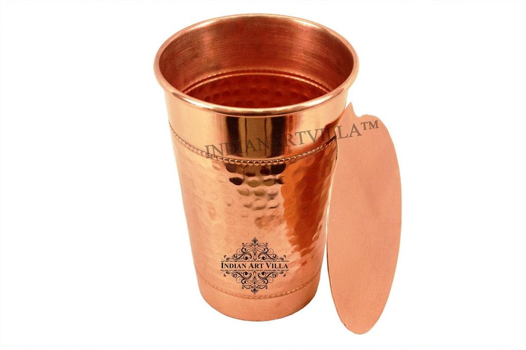 Pure Copper Big Top Hammered 2 Ring Glass with Coaster Coaster Tumblers Indian Art Villa
