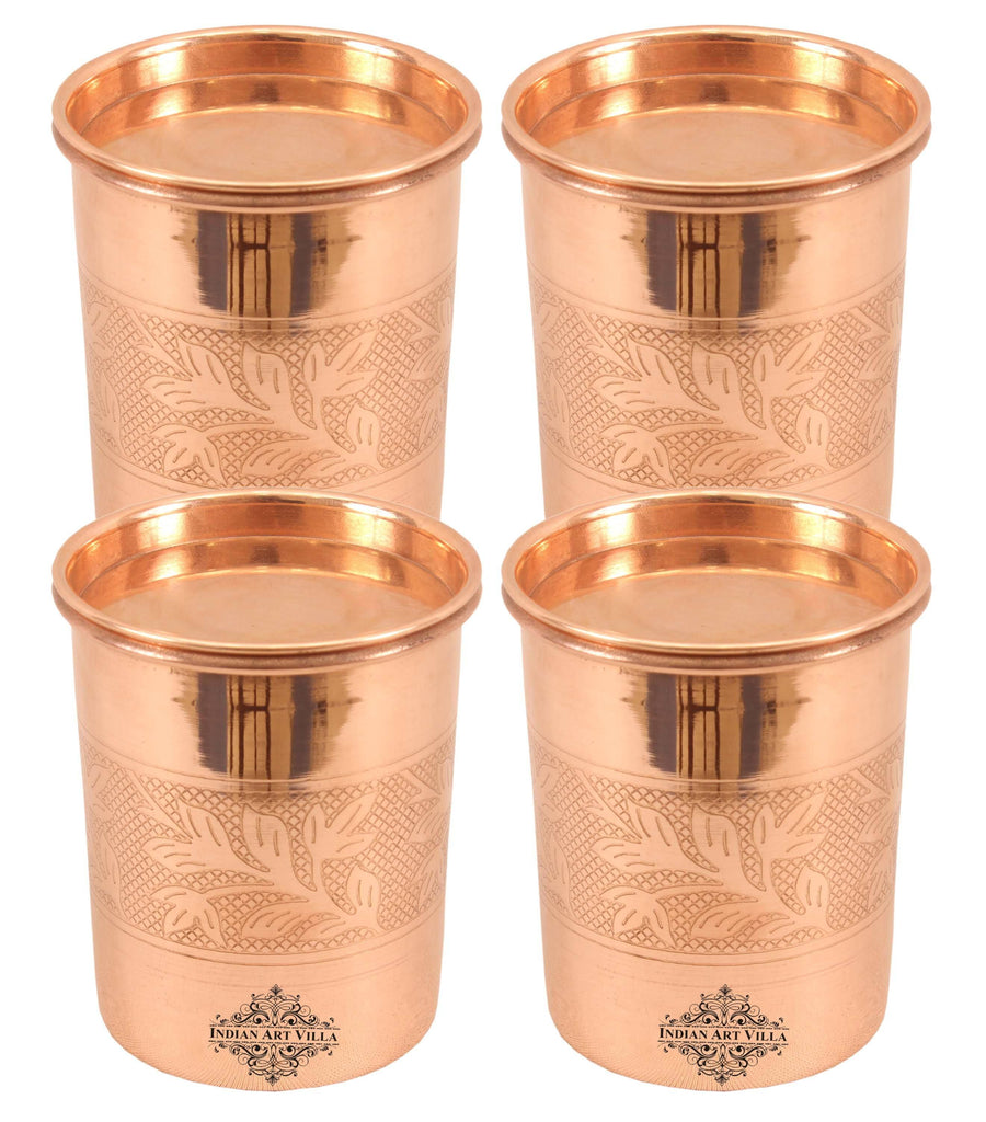 Pure Copper Embossed Glass Tumbler with Lid 10 Oz Copper Tumblers Indian Art Villa 4 Pieces