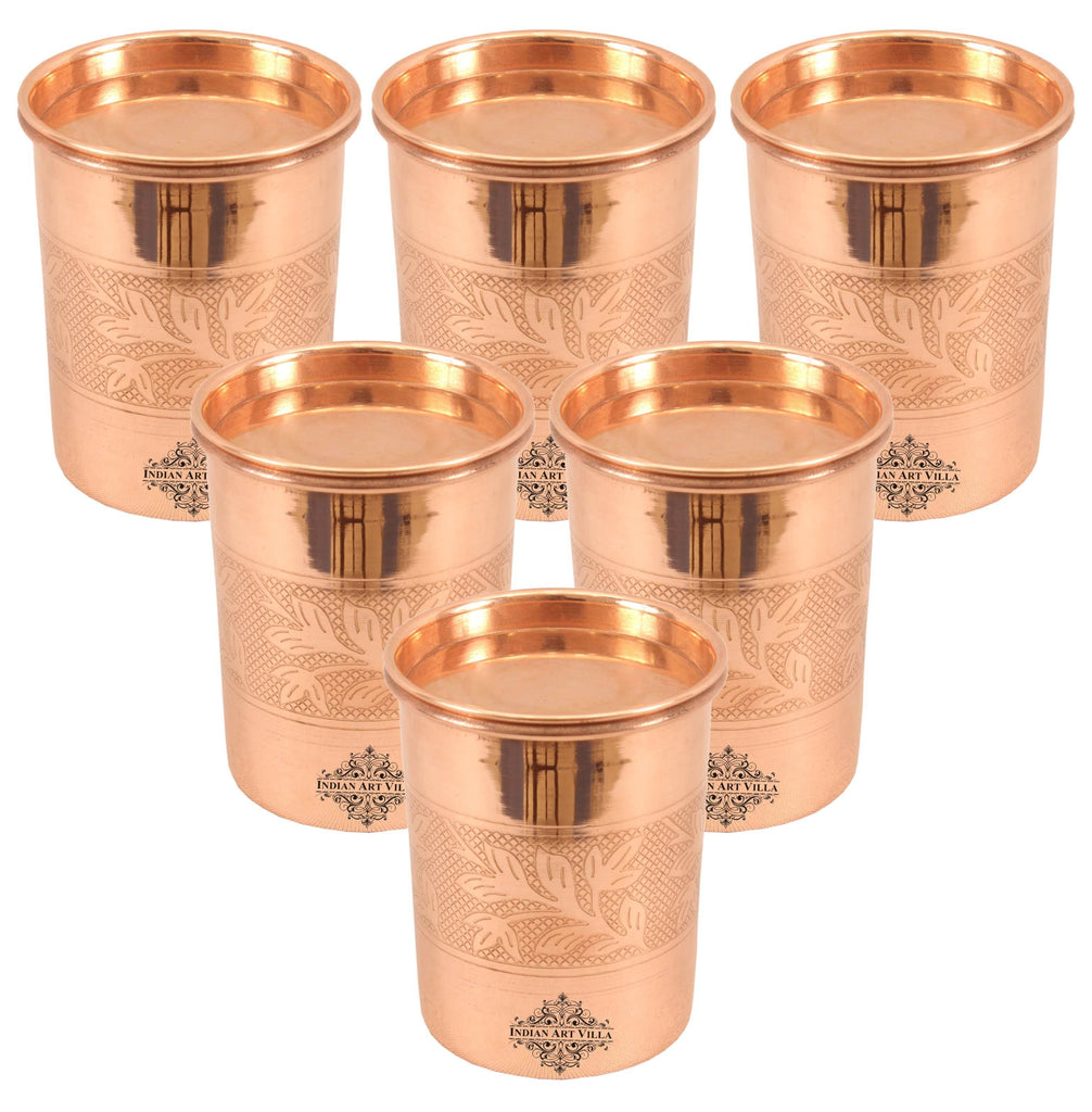 Pure Copper Embossed Glass Tumbler with Lid 10 Oz Copper Tumblers Indian Art Villa 6 Pieces