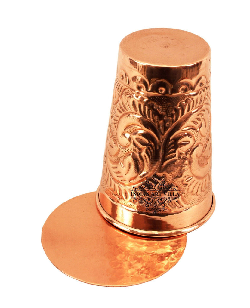 Pure Copper Engraved Flower Design Glass with Coaster 11 Oz Coaster Tumblers Indian Art Villa