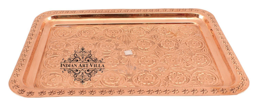 Pure Copper Engraved Flower Design Tray Tray Indian Art Villa