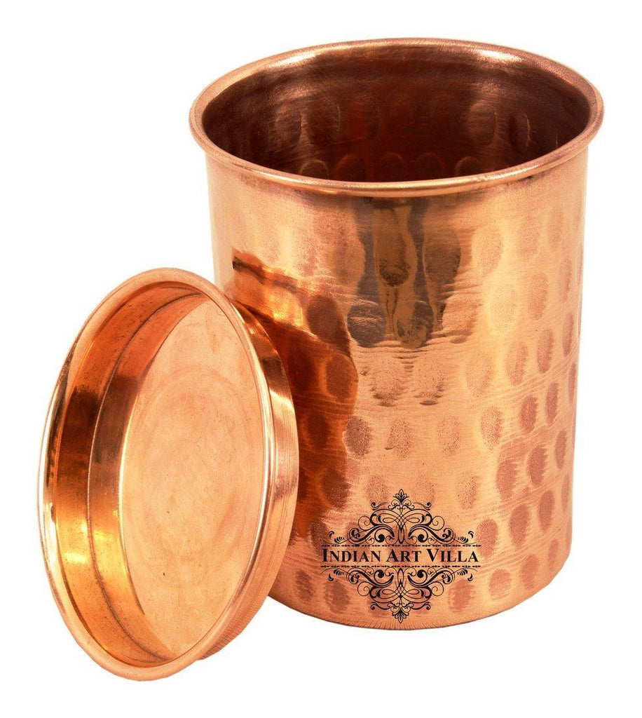 Pure Copper Hammered Glass Tumbler Cup with lid 8 Oz Copper Tumblers Indian Art Villa