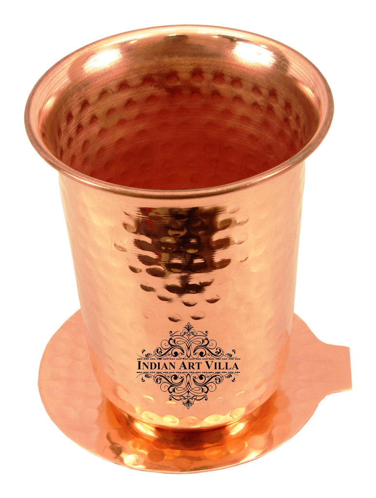 Pure Copper Hammered Glass Tumbler with Coaster 13 Oz Coaster Tumblers Indian Art Villa