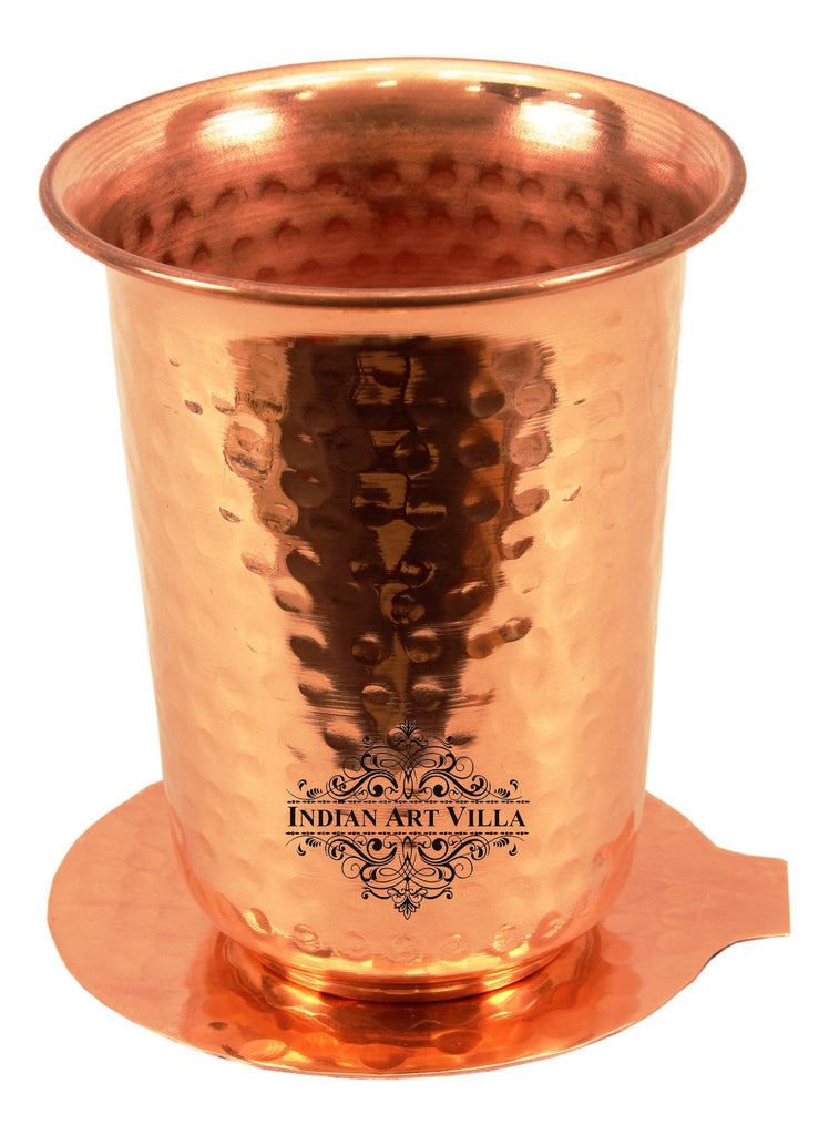 Pure Copper Hammered Glass Tumbler with Coaster 13 Oz