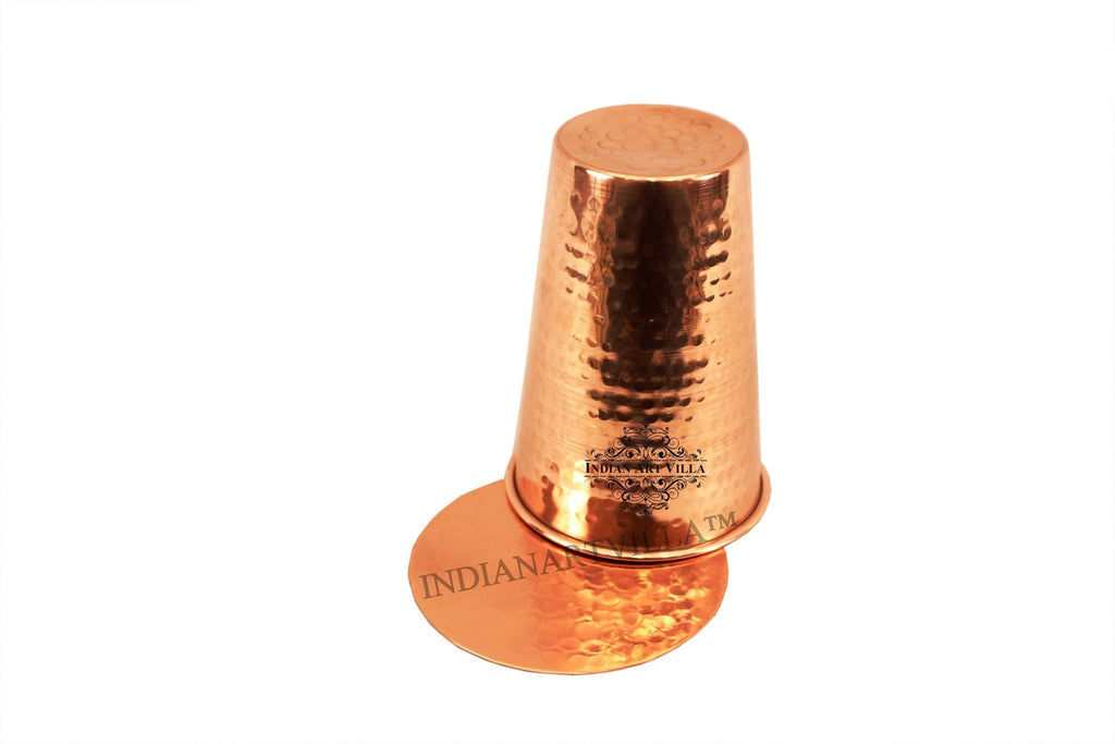 Pure Copper Hammered Glass with Coaster | 10 Oz Coaster Tumblers Indian Art Villa