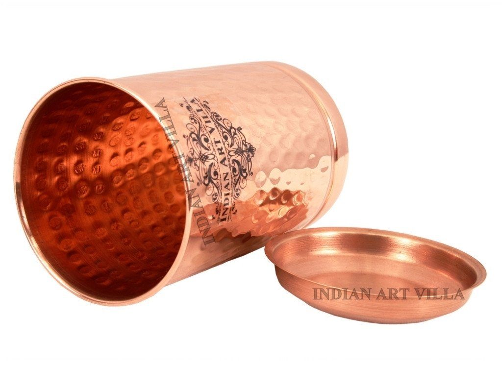 Pure Copper Hammered Glass with Lid 10 Oz Copper Tumblers Indian Art Villa