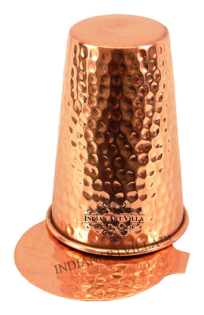 Pure Copper Hammered Lassi Glass Tumbler with Coaster | 11 Oz Coaster Tumblers Indian Art Villa
