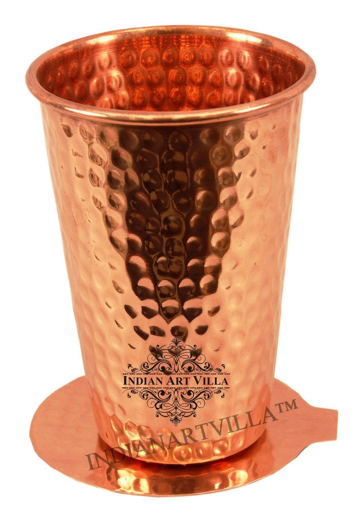 Pure Copper Hammered Lassi Glass Tumbler with Coaster | 11 Oz