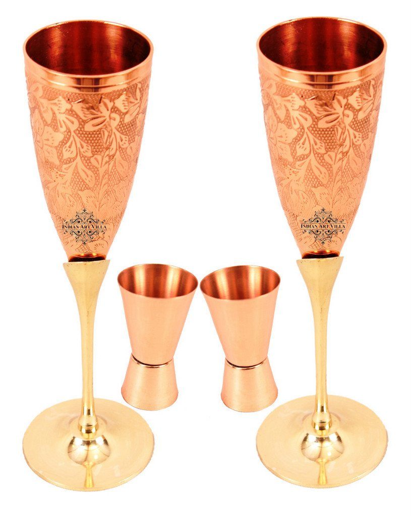 Set of 2 Copper Brass Designer Beer Glass | 150 ML | with 2 Shot Glass | 50 ML
