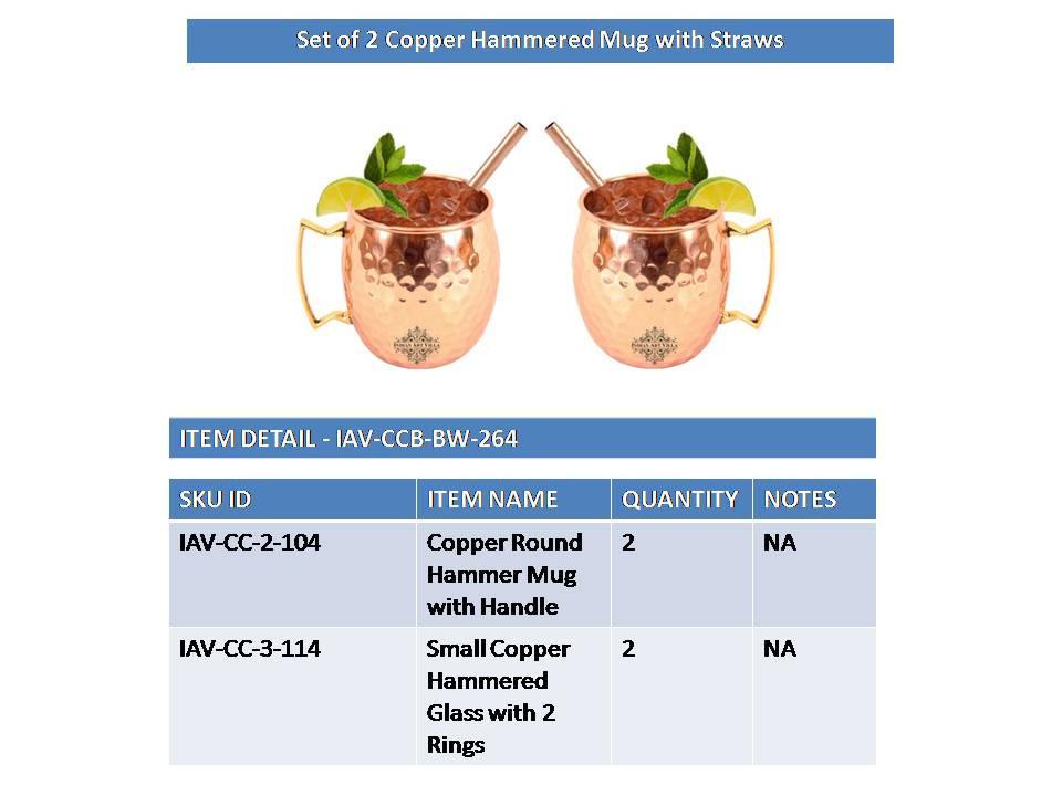 Set of 2 Copper Hammered Moscow Mule Mug Cup | 530 ML each | with 2 Straws Copper Ware Bar Ware Combo Indian Art Villa