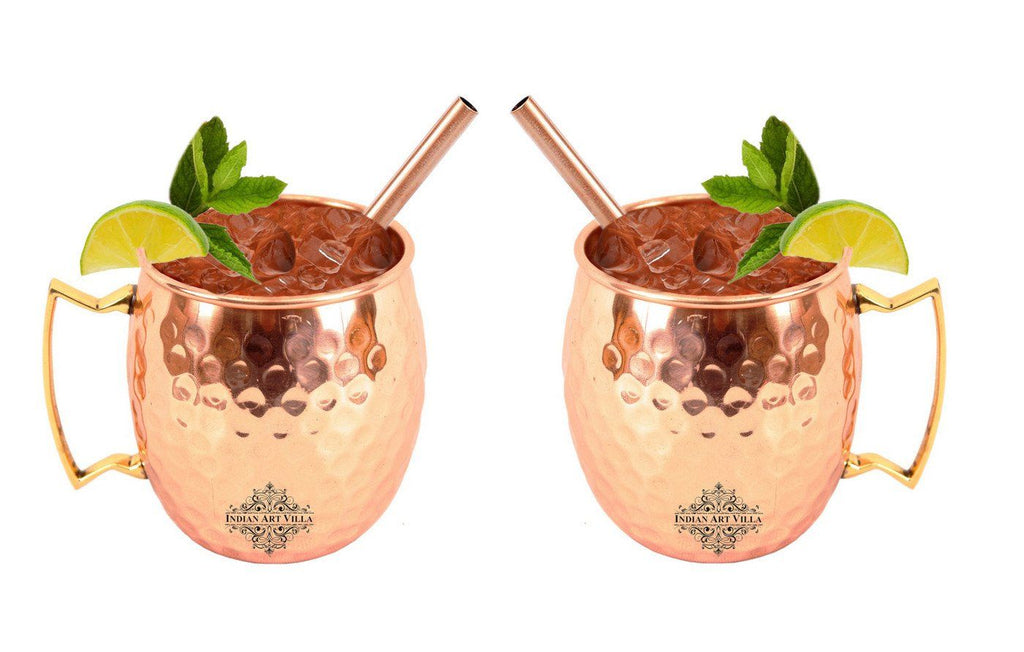 Set of 2 Copper Hammered Moscow Mule Mug Cup | 530 ML each | with 2 Straws