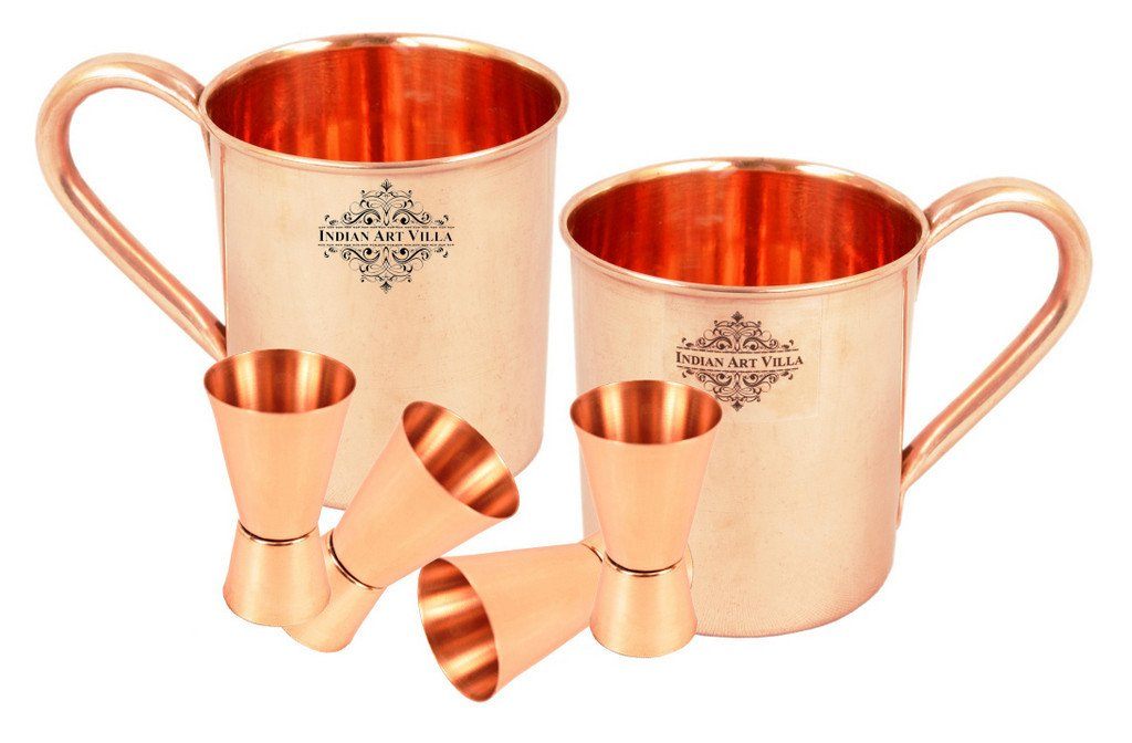 Set of 2 Copper Plain Mug Cup | 415 ML | with 4 Jigger Shot Glasses | 50 ML