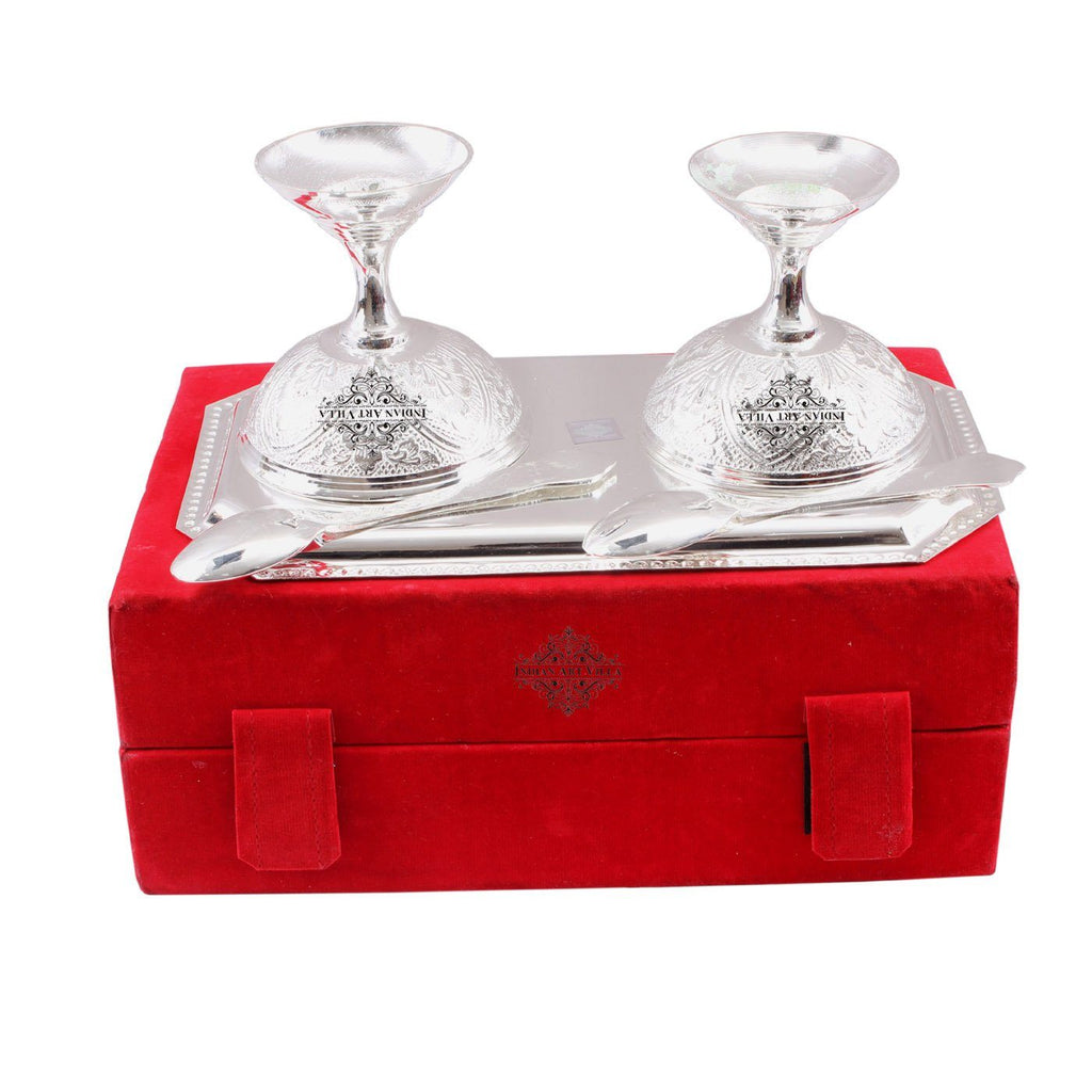 Set of 2 Silver Plated Designer Ice Cream Bowl with 2 Spoon & 1 Tray Silver Plated Combo Sets SP-3