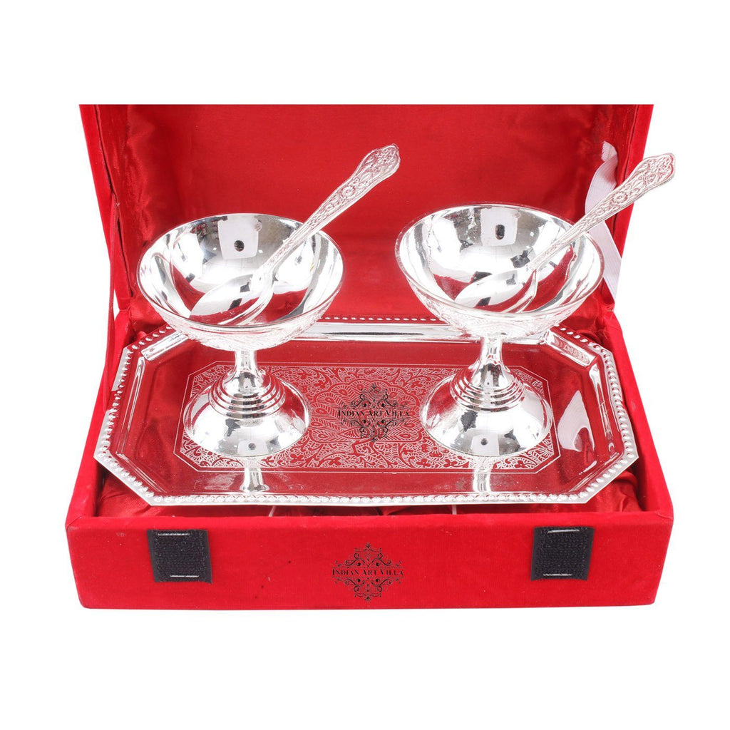 Set of 2 Silver Plated Designer Ice Cream Bowl with 2 Spoon & 1 Tray Silver Plated Combo Sets SP-3