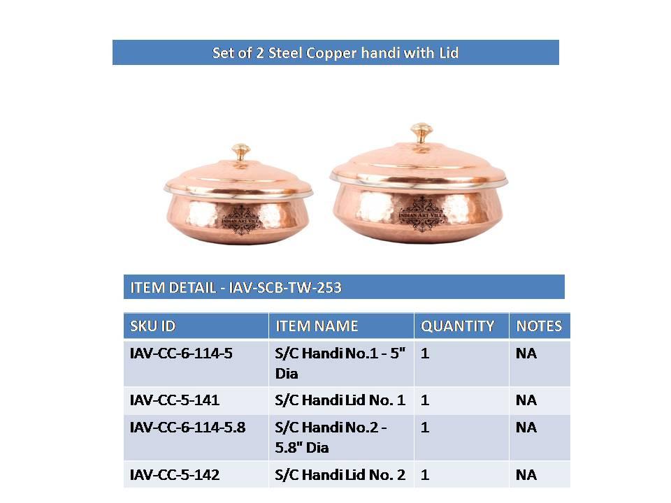 Set of 2 Steel Copper Handi with Lid Serving Steel Copper Serve Ware Combo Indian Art Villa