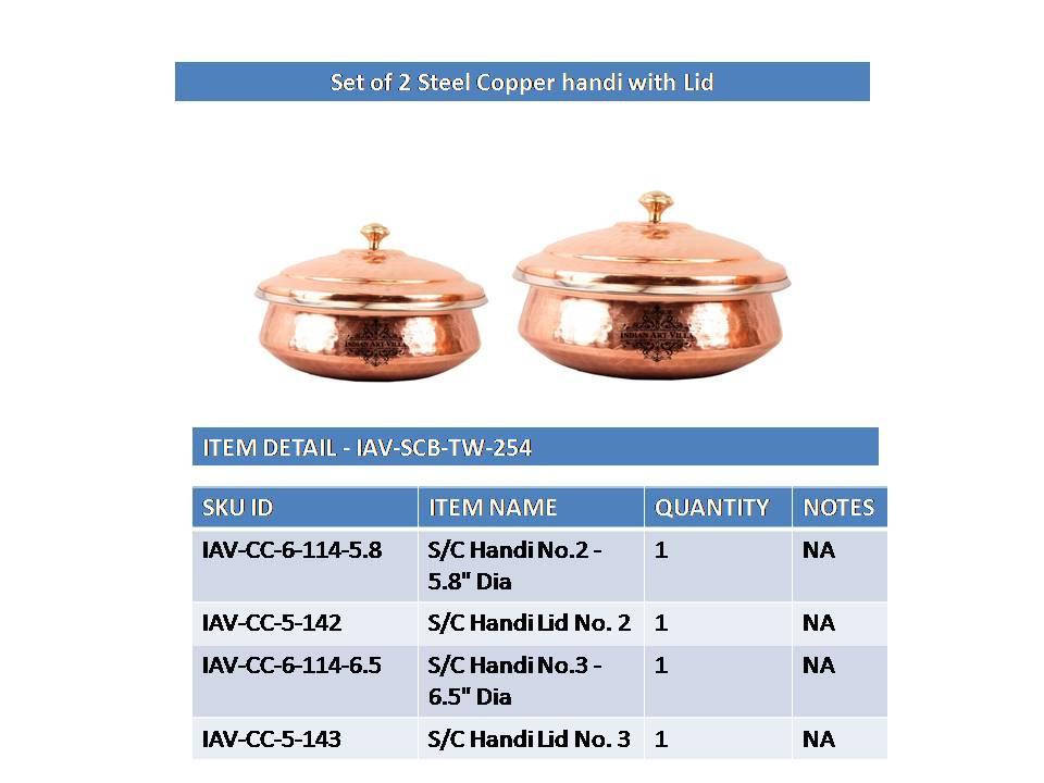 Set of 2 Steel Copper Handi with Lid Serving Steel Copper Serve Ware Combo Indian Art Villa