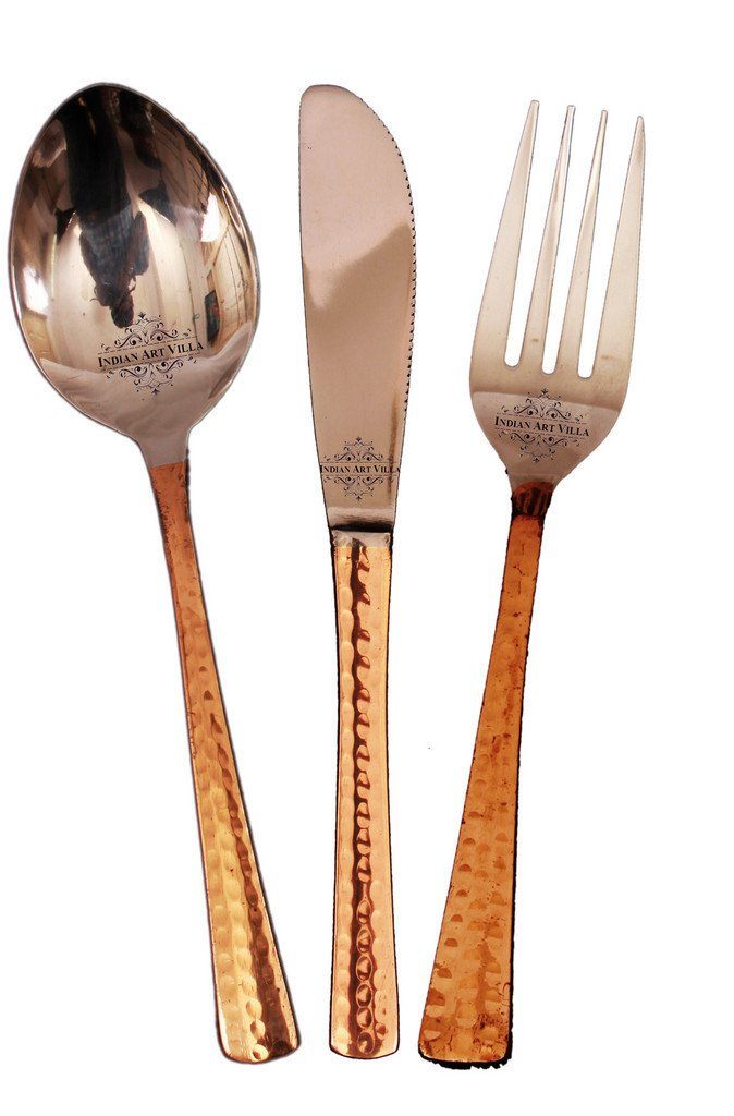 Set of 3 Steel Copper Cutlery Set - 1 Spoon with 1 Fork & 1 Knife Steel Copper Serve Ware Combo Indian Art Villa
