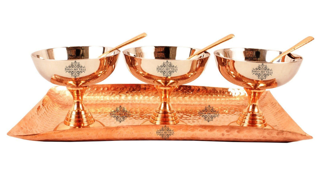 Set of 3 Steel Copper Desert Bowl | 130 ML each | with 3 Spoons & 1 Copper Hammered Rectangular Tray Platter Steel Copper Serve Ware Combo Indian Art Villa