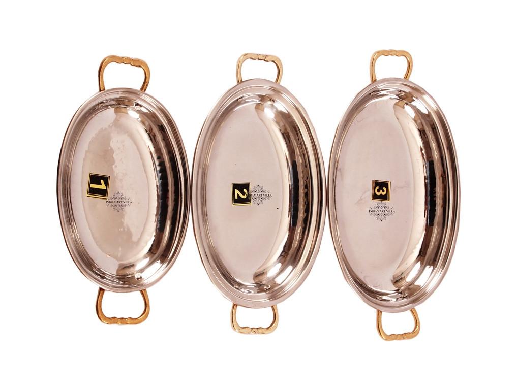 Set of 3 Steel Copper Dish Serving Oval Platter Plate with Brass Handle Steel Copper Serve Ware Combo Indian Art Villa