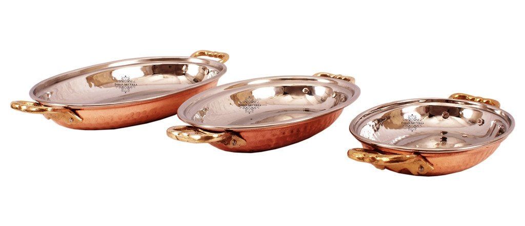 Set of 3 Steel Copper Dish Serving Oval Platter Plate with Brass Handle