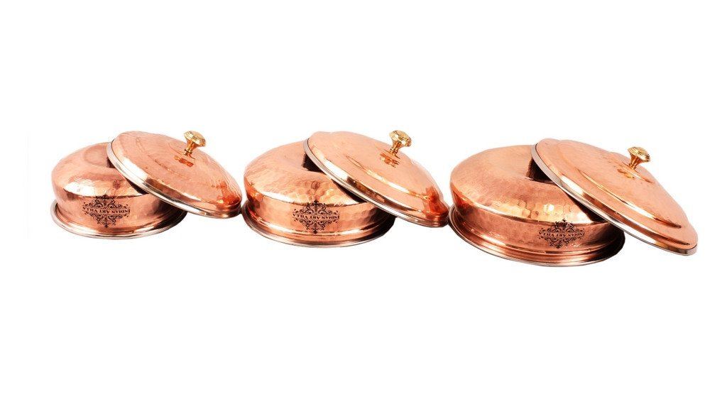 Set of 3 Steel Copper Handi with Lid Serving Steel Copper Serve Ware Combo Indian Art Villa