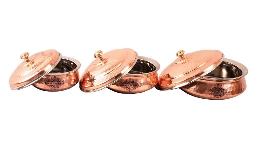 Set of 3 Steel Copper Handi with Lid Serving Steel Copper Serve Ware Combo Indian Art Villa