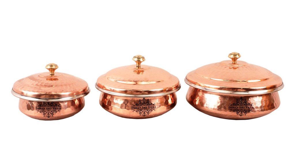 Set of 3 Steel Copper Handi with Lid Serving