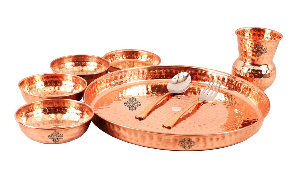 Set of 4 (8 Pieces Each) Copper Thali Dinner Set with 1 Copper Nickel Hammered Jug Pitcher | 1750 ML Copper Ware Tableware Combo Indian Art Villa