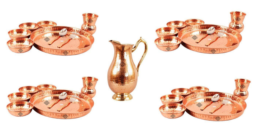 Set of 4 (8 Pieces Each) Copper Thali Dinner Set with 1 Copper Nickel Hammered Jug Pitcher | 1750 ML