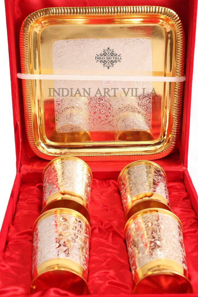 Set of 4 Designed Silver Plated Gold Polished Glass Goblets Silver Plated Tumblers Indian Art Villa