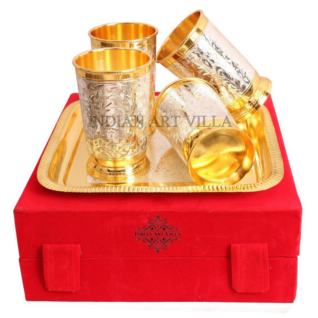 Set of 4 Designed Silver Plated Gold Polished Glass Goblets
