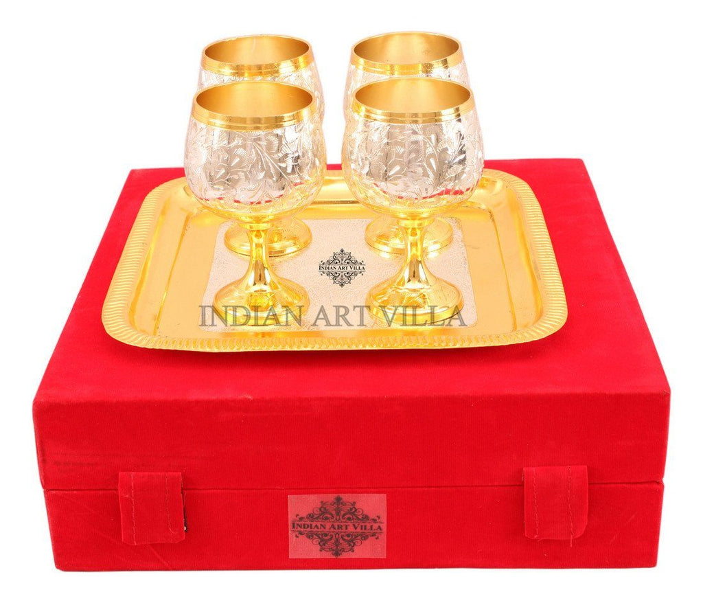 Set of 4 Silver Plated Gold Polished Wine Glass with a Square Tray Silver Plated Tumblers Indian Art Villa