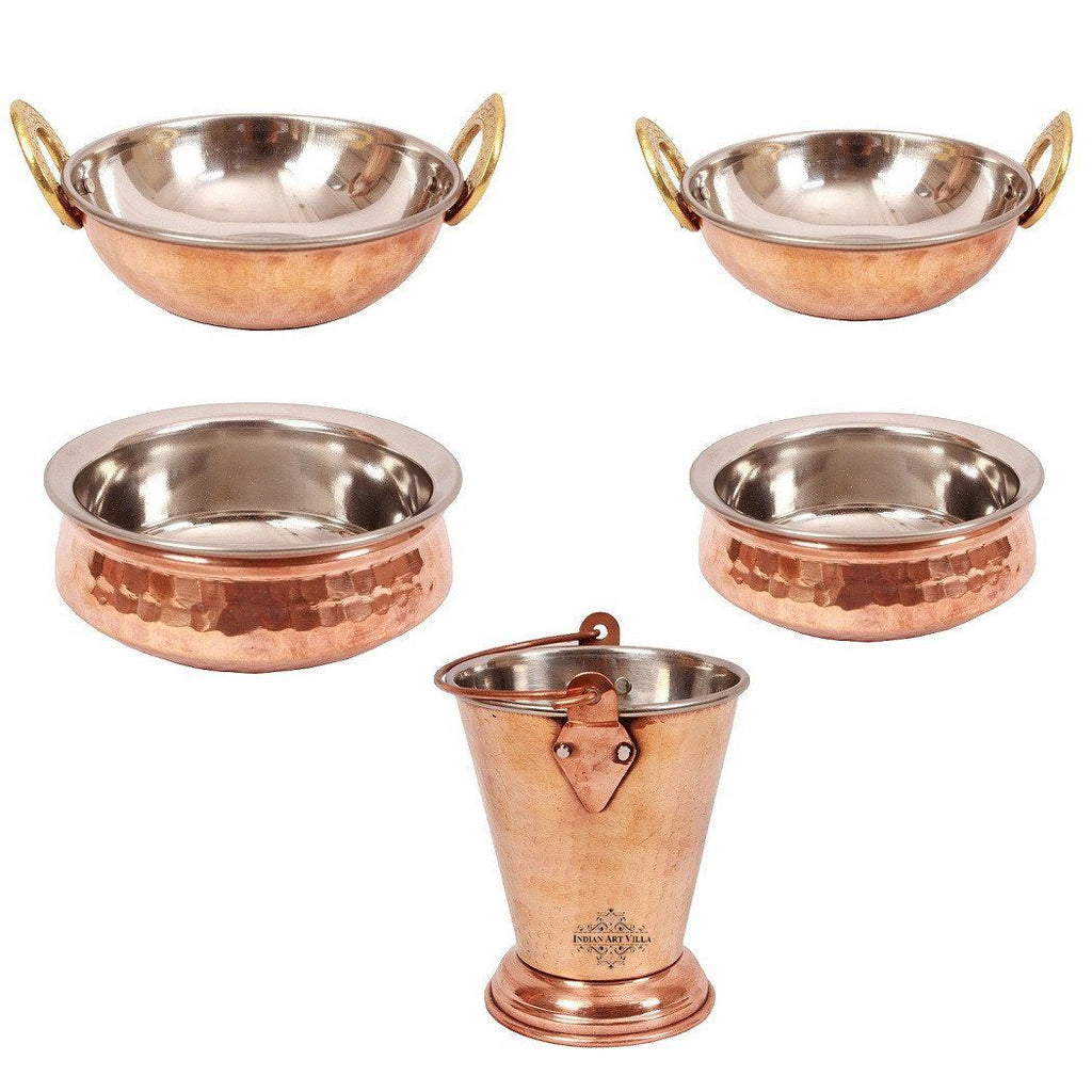 Set of 5 Steel Copper Serving Set - 2 Kadhai 2 Handi 1 Bucket