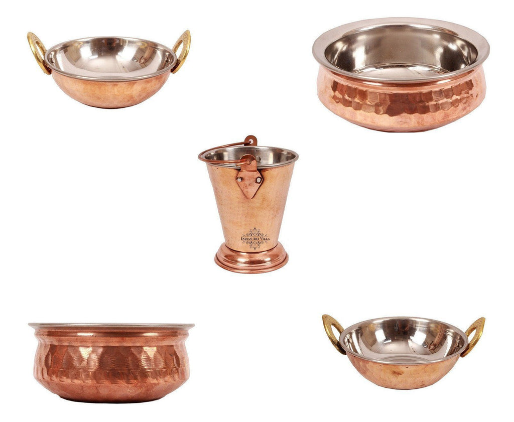 Set of 5 Steel Copper Serving Set - 2 Kadhai 2 Handi 1 Bucket Steel Copper Serve Ware Combo Indian Art Villa